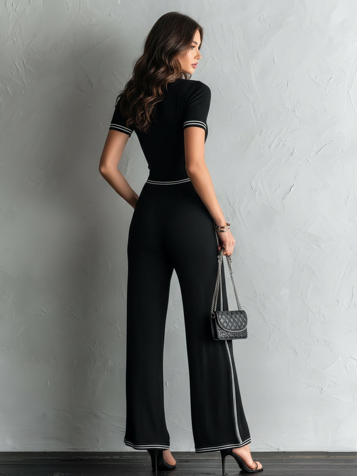ElevenOra Chic Elegant Black Zipper-Up V-Neck Contrast Trim Detail Short-Sleeve Tailored Waist Wide-Leg Ribbed Knit Jumpsuit