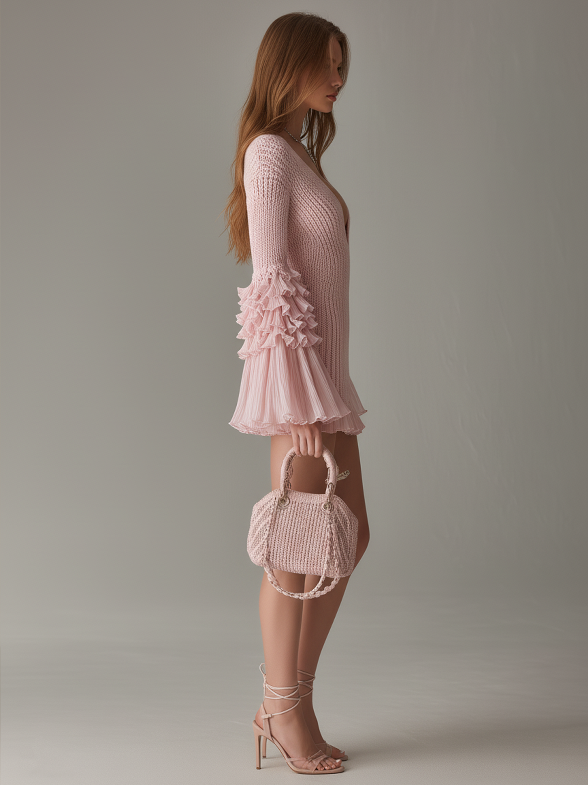 ElevenOra Chic Elegant Pink Deep V-Neck Long-Sleeve Chiffon Ruffle Patchwork Detail Slim-Fit Ribbed Knit Mini Dress