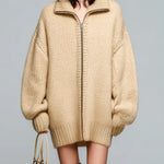ElevenOra Chic Casual Beige Lapel Zip-Up Lantern Sleeve Slouchy Knit Cardigan