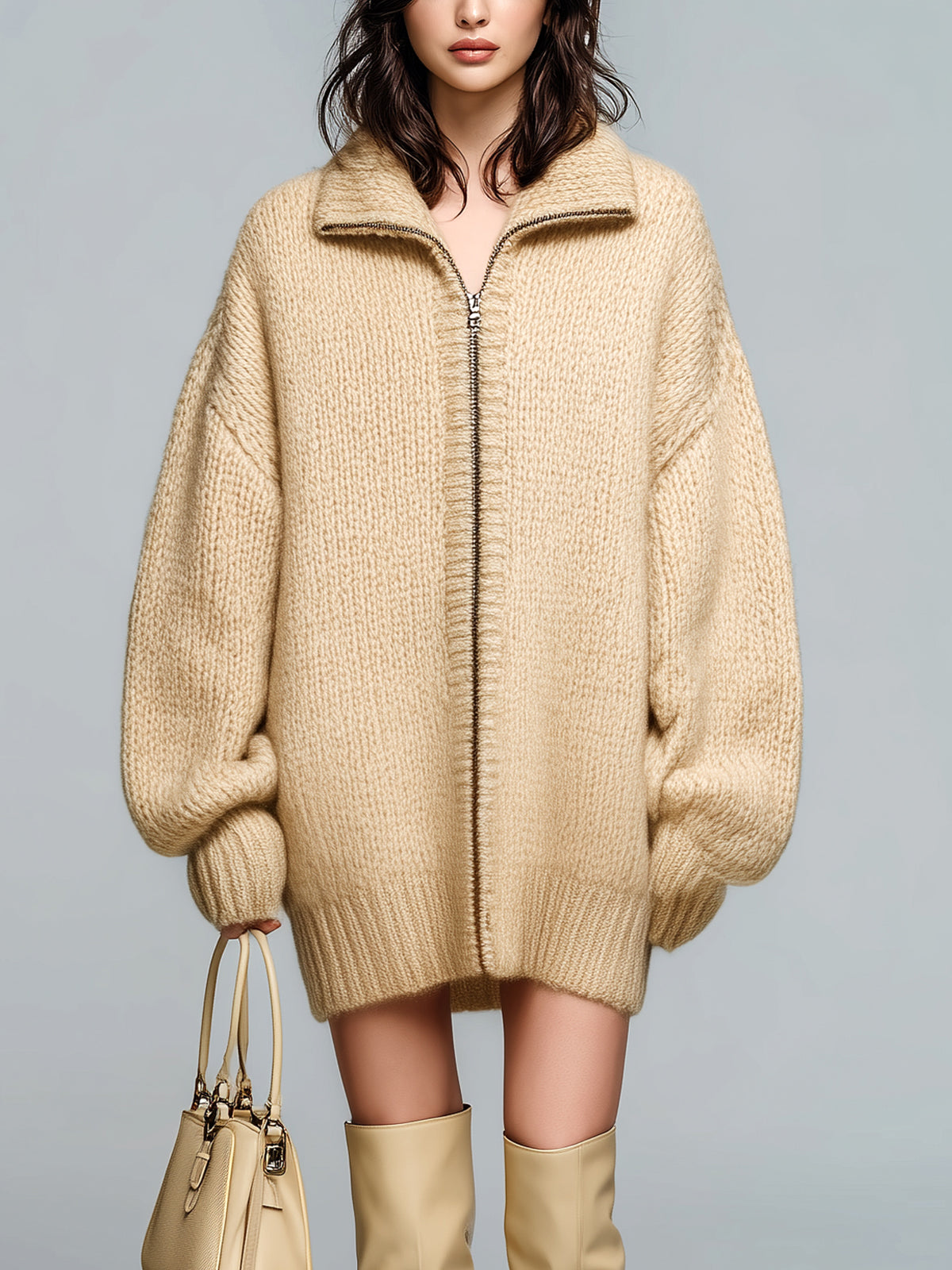 ElevenOra Chic Casual Beige Lapel Zip-Up Lantern Sleeve Slouchy Knit Cardigan