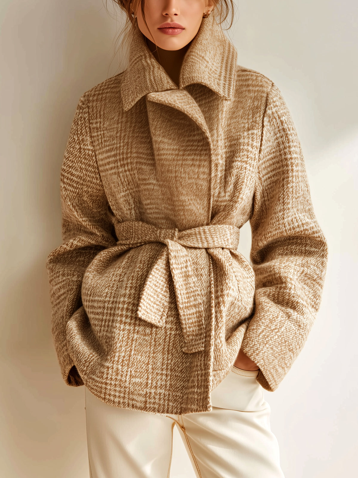 ElevenOra Casual Vintage Khaki Plaid Wool Blend Shawl Lapel Belted Short Jacket