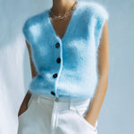 ElevenOra Chic Elegant Blue V-Neck Single-Breasted Sleeveless Loose-Fit Fuzzy Mohair Knit Vest