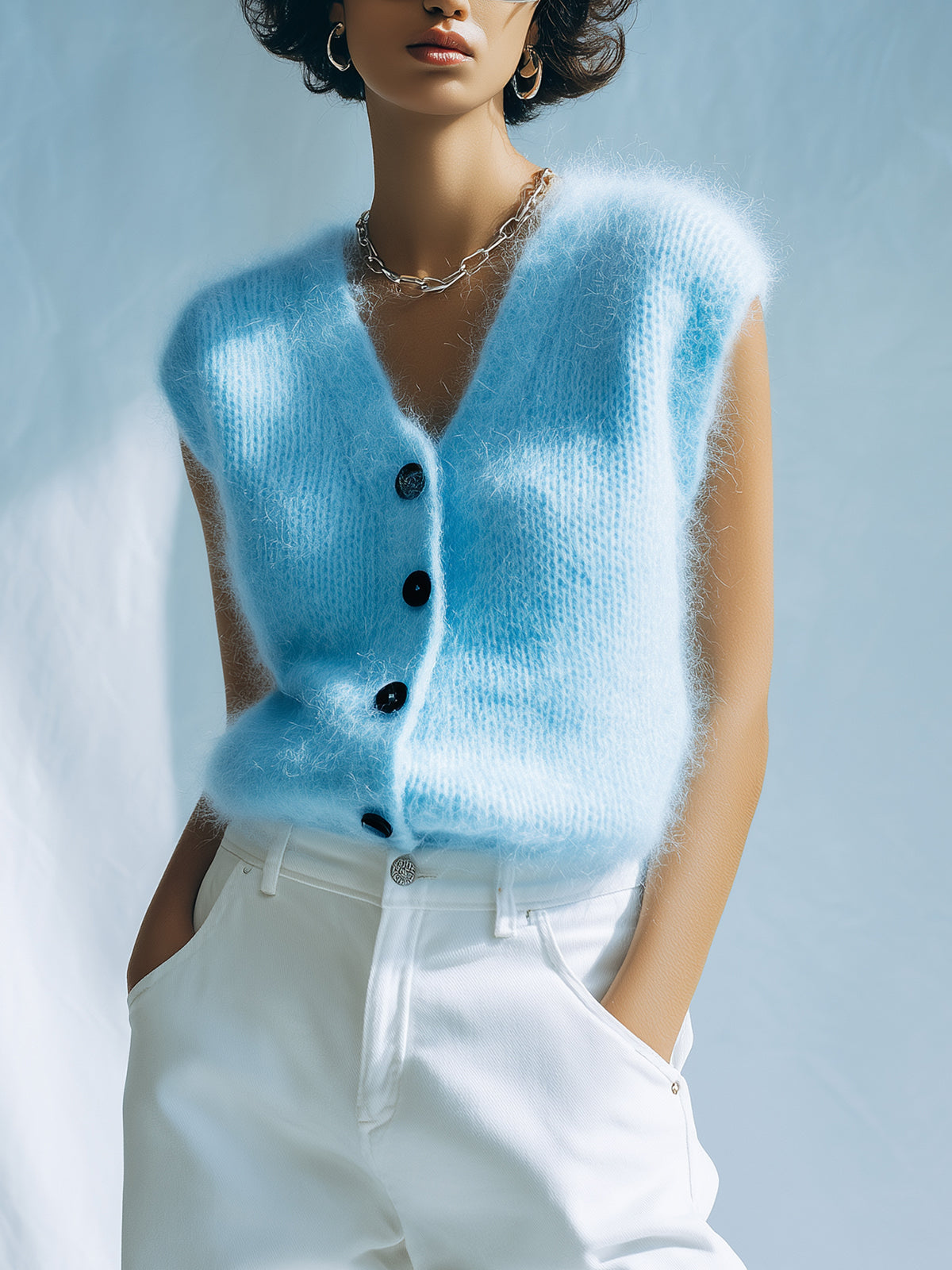 ElevenOra Chic Elegant Blue V-Neck Single-Breasted Sleeveless Loose-Fit Fuzzy Mohair Knit Vest