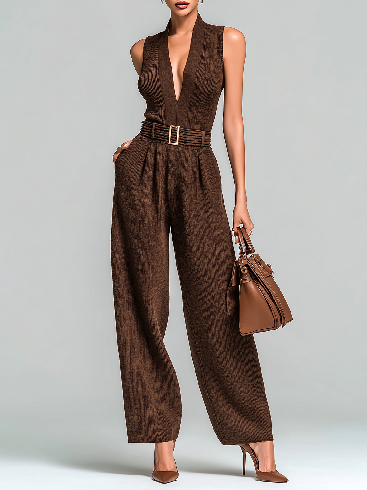 ElevenOra Stylish Elegant Brown Slim-Fit V-Neck Waist Tie Wide Leg Knit Jumpsuit