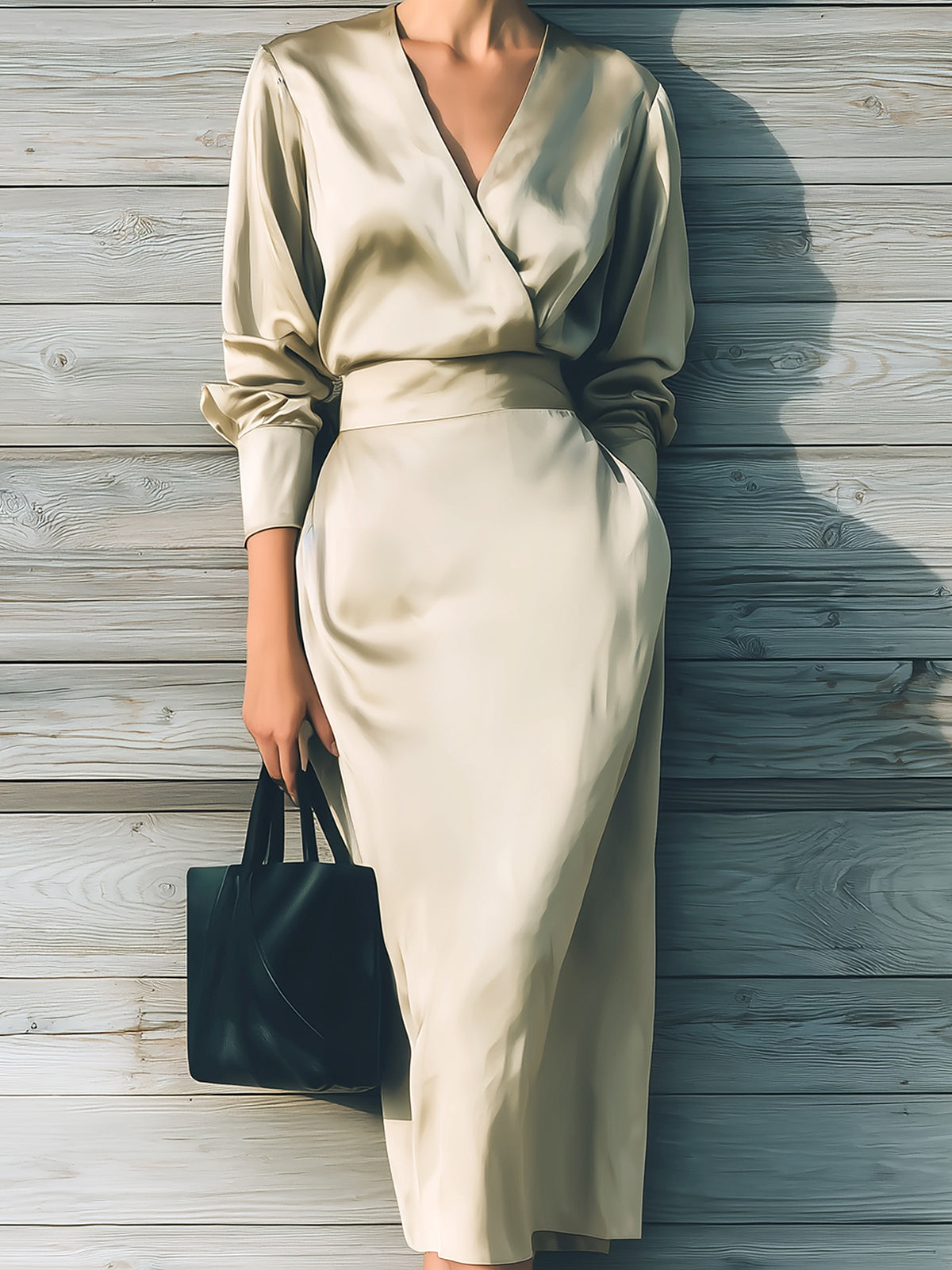 ElevenOra Chic Vintage Light Khaki Satin Wrapped V-Neck Long Sleeve Tailored Waist Midi Dress