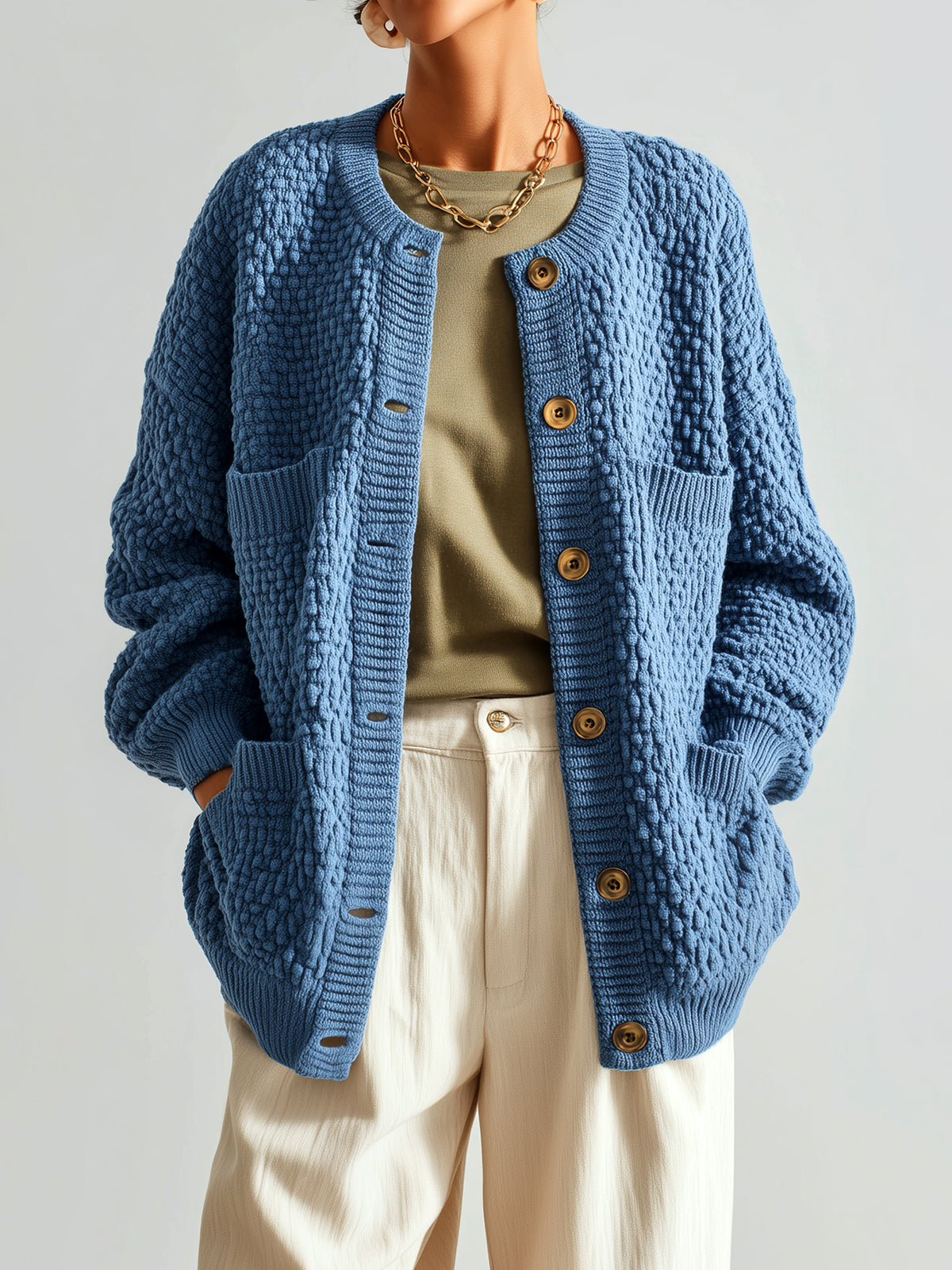 ElevenOra Chic Vintage Blue Crew Neck Single-breasted Multi-pocket Textured Knit Slouchy Cardigan