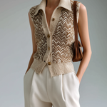 ElevenOra Fashion Casual Beige Lapel Herringbone Jacquard Button-Up Loose Sleeveless Cardigan Knit Vest