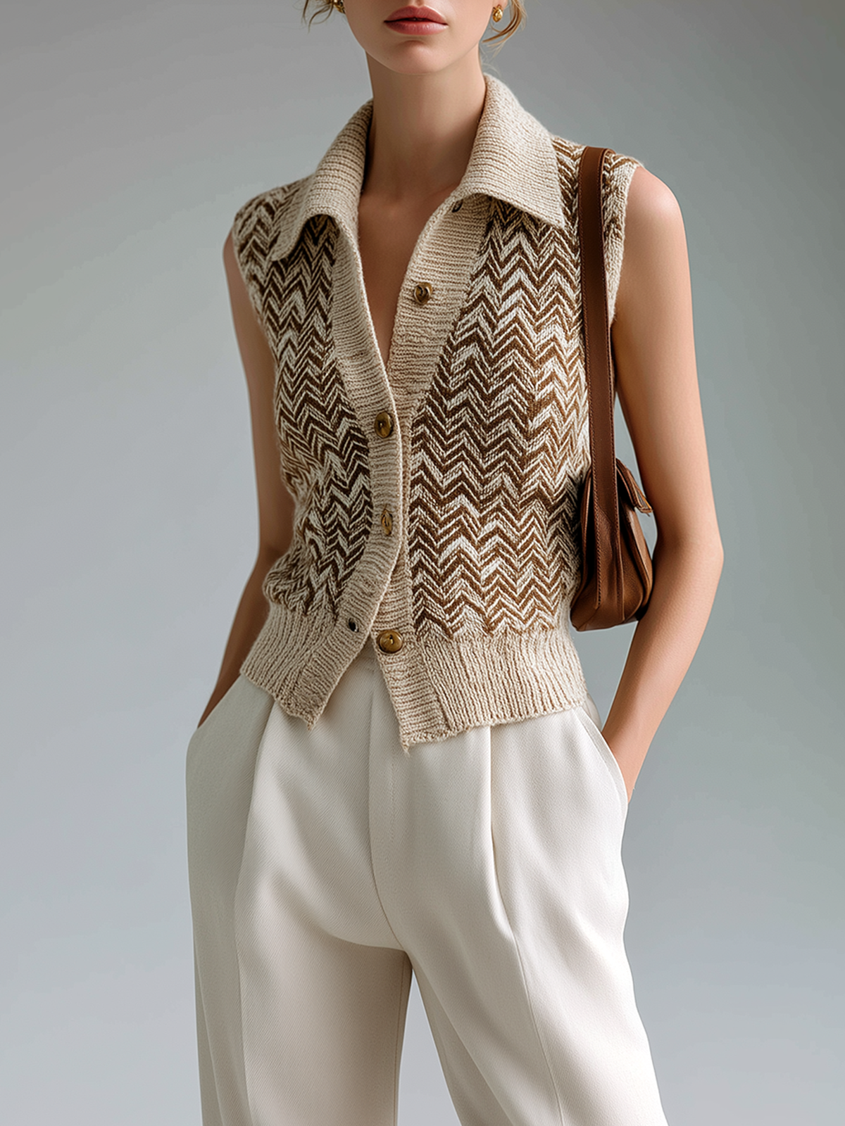 ElevenOra Fashion Casual Beige Lapel Herringbone Jacquard Button-Up Loose Sleeveless Cardigan Knit Vest