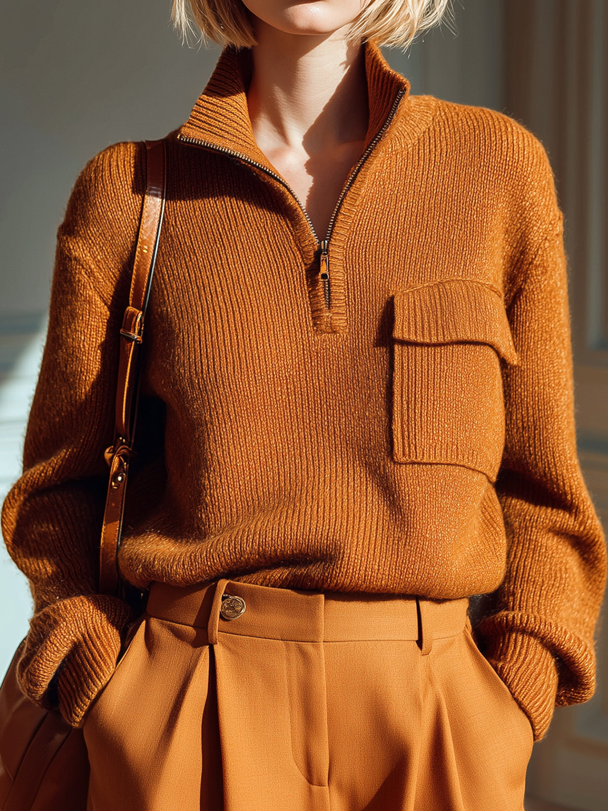 ElevenOra Chic Casual Caramel Half-Zip Mock Neck Pocket-Detail Long-Sleeve Knit Sweater Top