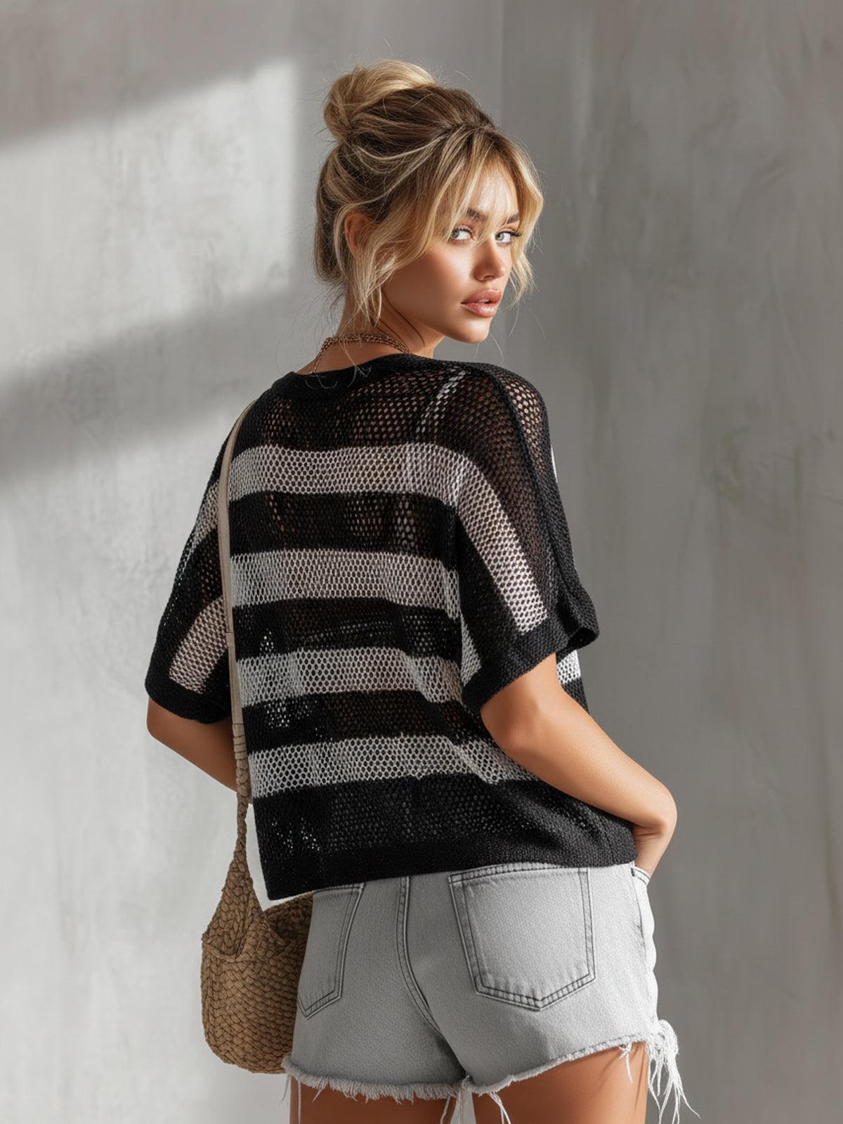ElevenOra Chic Casual Black-White Stripes V-Neck Single-Breasted Short-Sleeve Loose-Fit Knit Cardigan Top