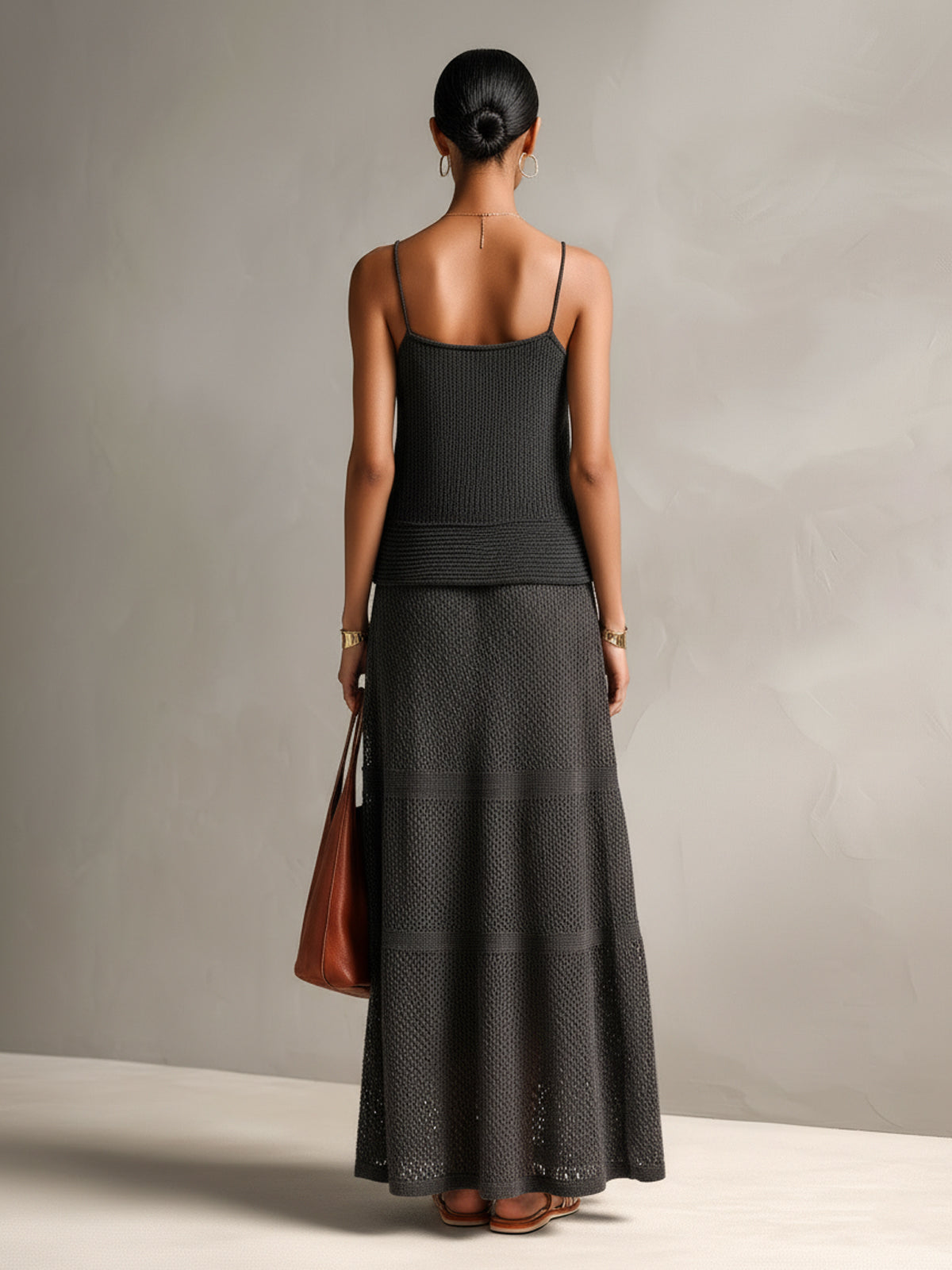 ElevenOra Chic Elegant Black Spaghetti Straps Square Neck Sleeveless Loose-Fit Camisole Hollow-Out A-Line Maxi Skirt Knit Two-Piece Set