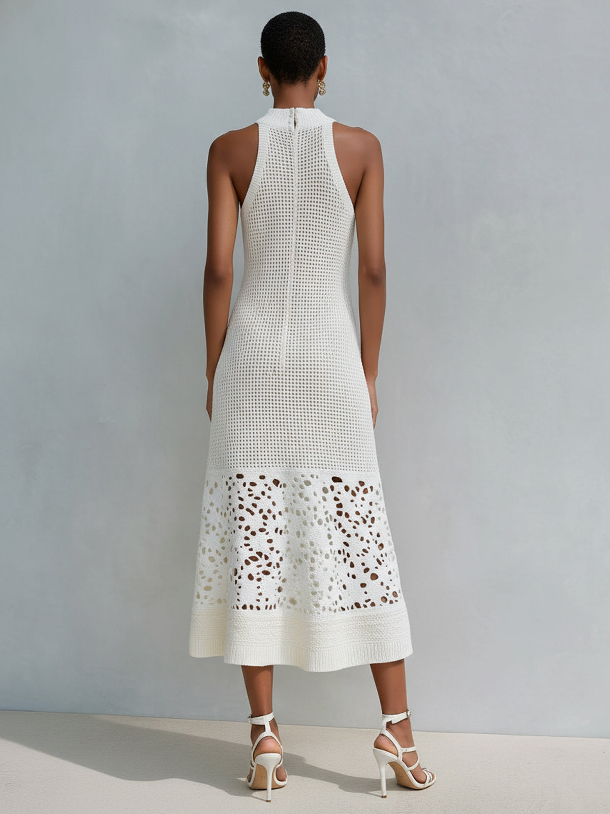 ElevenOra Chic Elegant Cream White Mock Neck Sleeveless Tailored Waist Lace Patchwork A-Line Mesh Knit Midi Dress