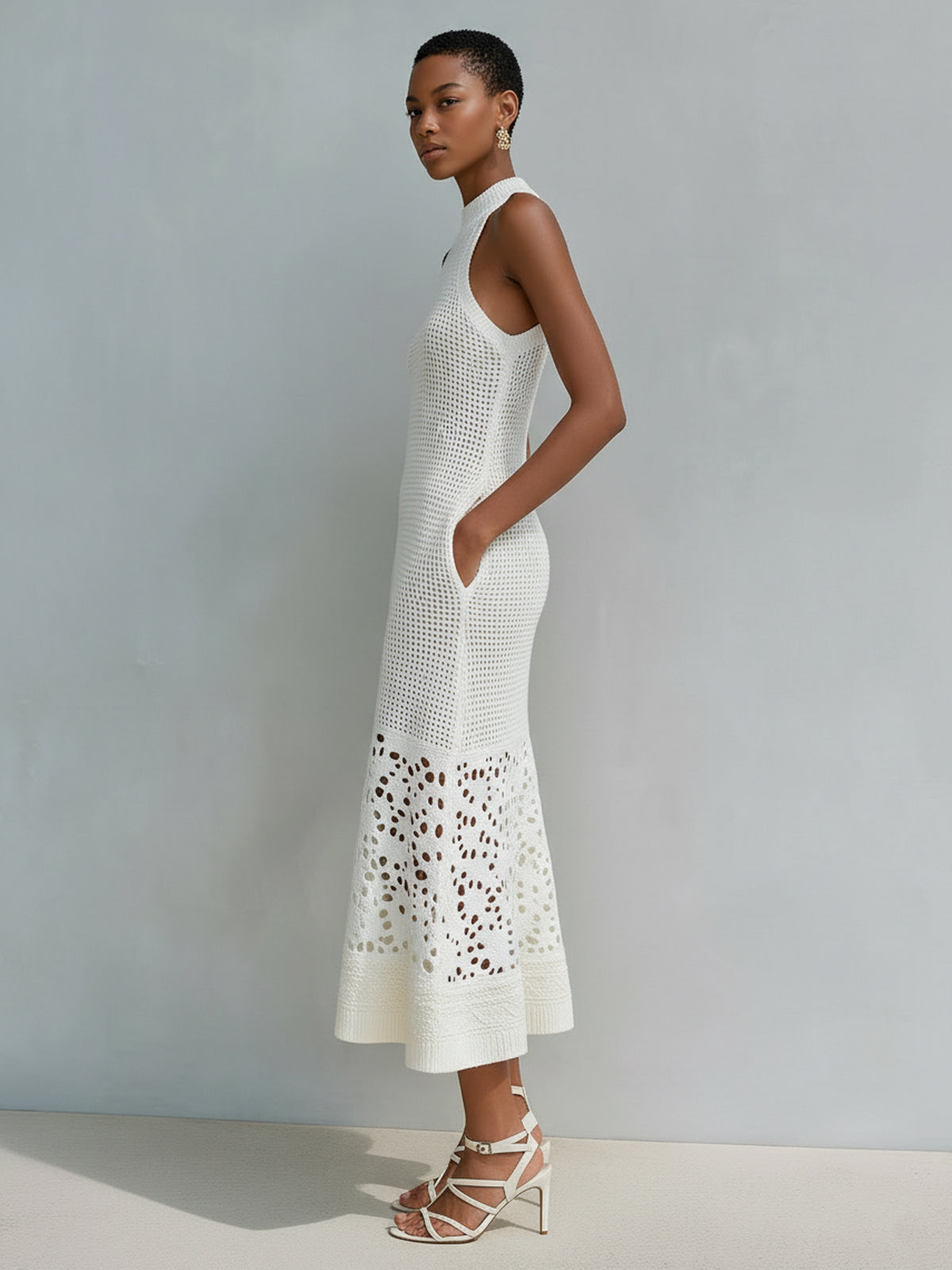 ElevenOra Chic Elegant Cream White Mock Neck Sleeveless Tailored Waist Lace Patchwork A-Line Mesh Knit Midi Dress