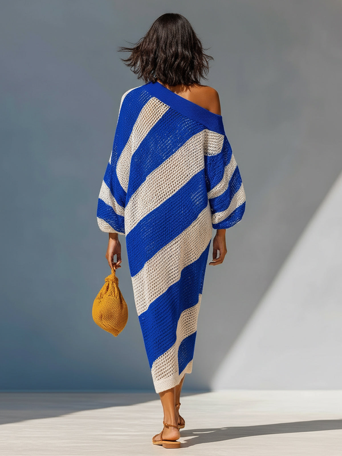 ElevenOra Chic Elegant Royal Blue-White Stripes One-Shoulder Long Lantern Sleeve Loose-Fit Knit Maxi Dress