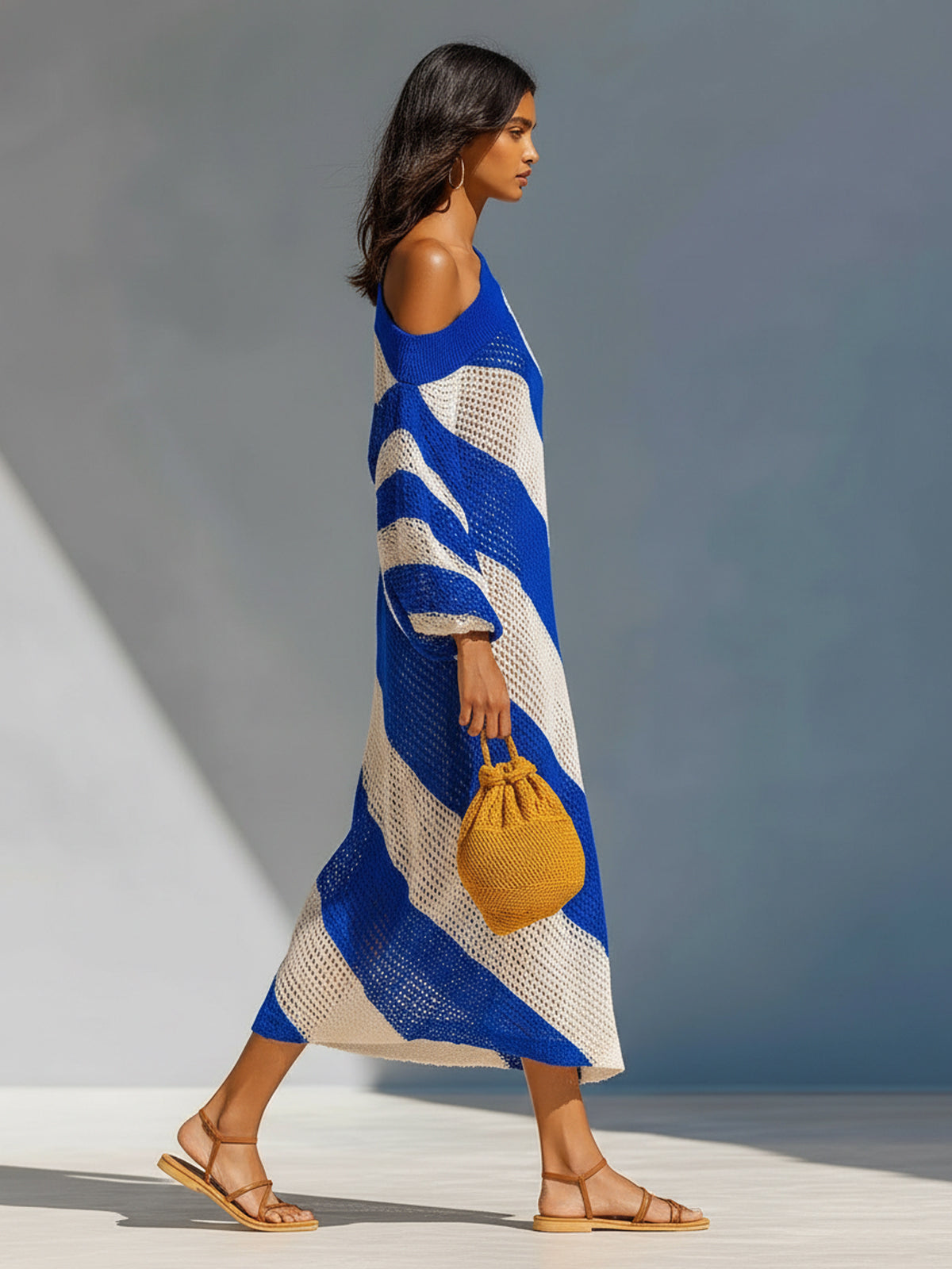 ElevenOra Chic Elegant Royal Blue-White Stripes One-Shoulder Long Lantern Sleeve Loose-Fit Knit Maxi Dress