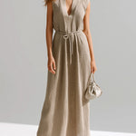 ElevenOra Chic Elegant Camel Deep V-Neck Sleeveless Loose-Fit Tie-Waist Ribbed Knit Maxi Dress