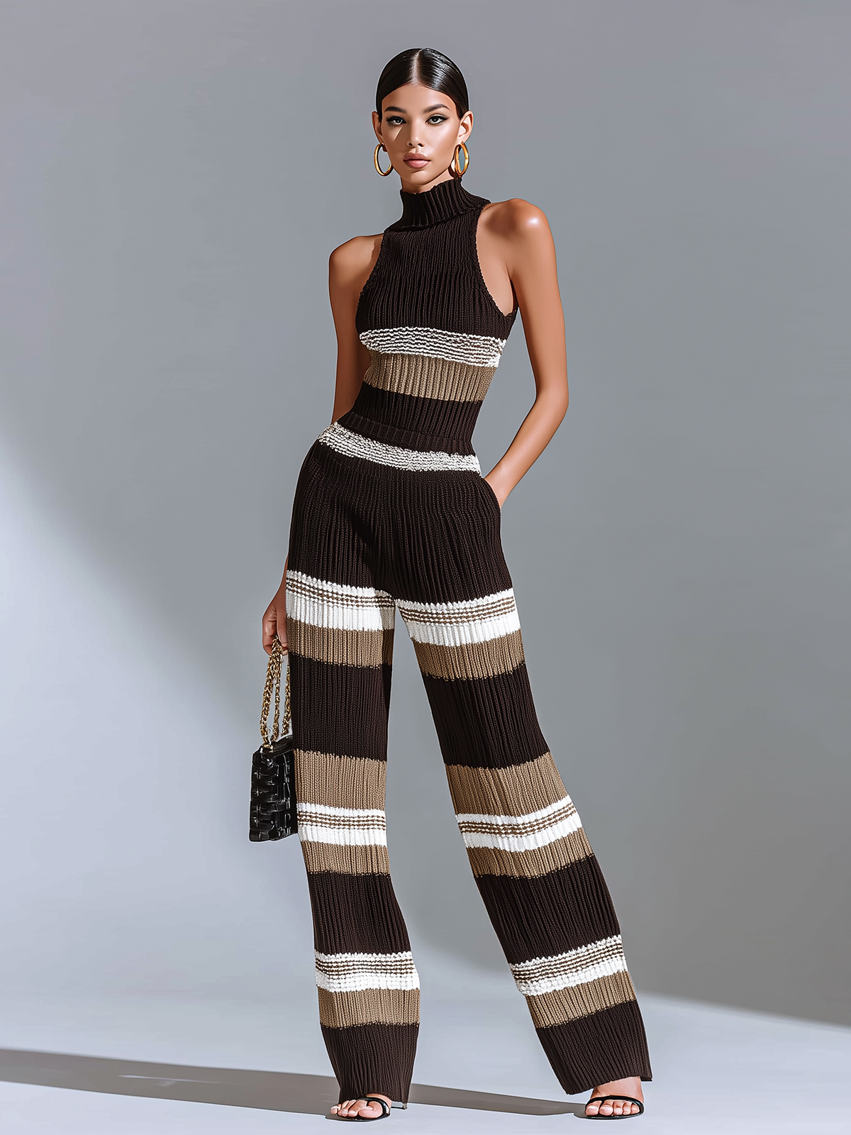 ElevenOra Chic Elegant Black Striped Mock-Neck Sleeveless Slim Fit Wide-Leg Ribbed Knit Jumpsuit