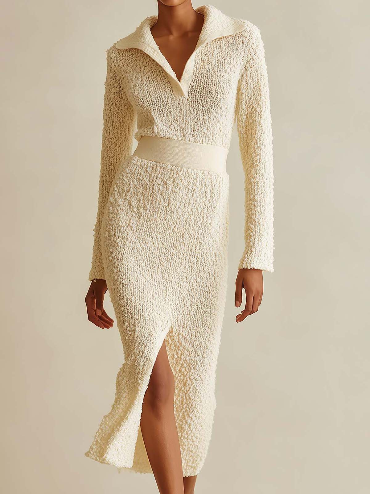 ElevenOra Chic Off-White V-neck Long Sleeve Slim-fit Front-Slit Knit Midi Dress