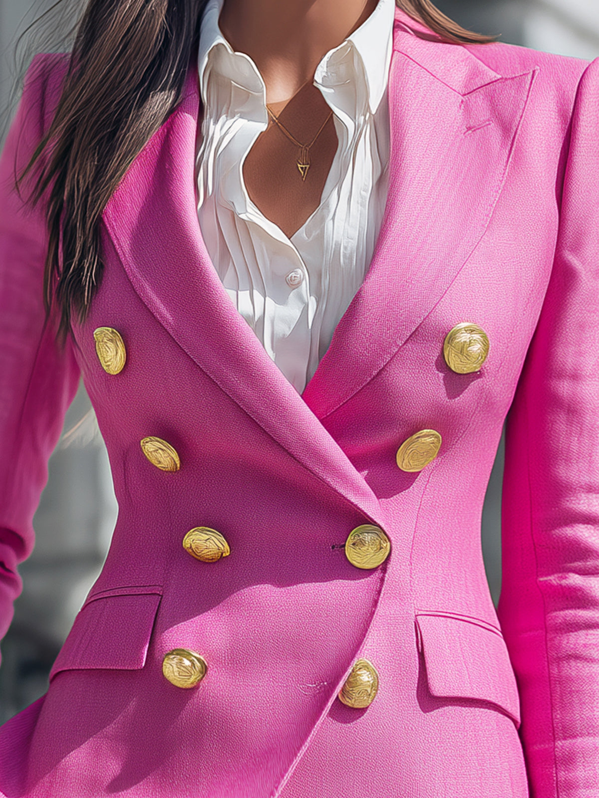 ElevenOra Chic Vintage Hot Pink Cotton Blend Peak Lapel Metal Buttons Double-breasted Slim-fit Blazer