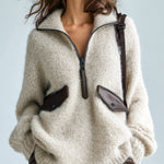 ElevenOra Casual Beige Half-Zip Mock Neck Contrast PU Pocket Details Oversized Long-Sleeve Knit Sweater Top