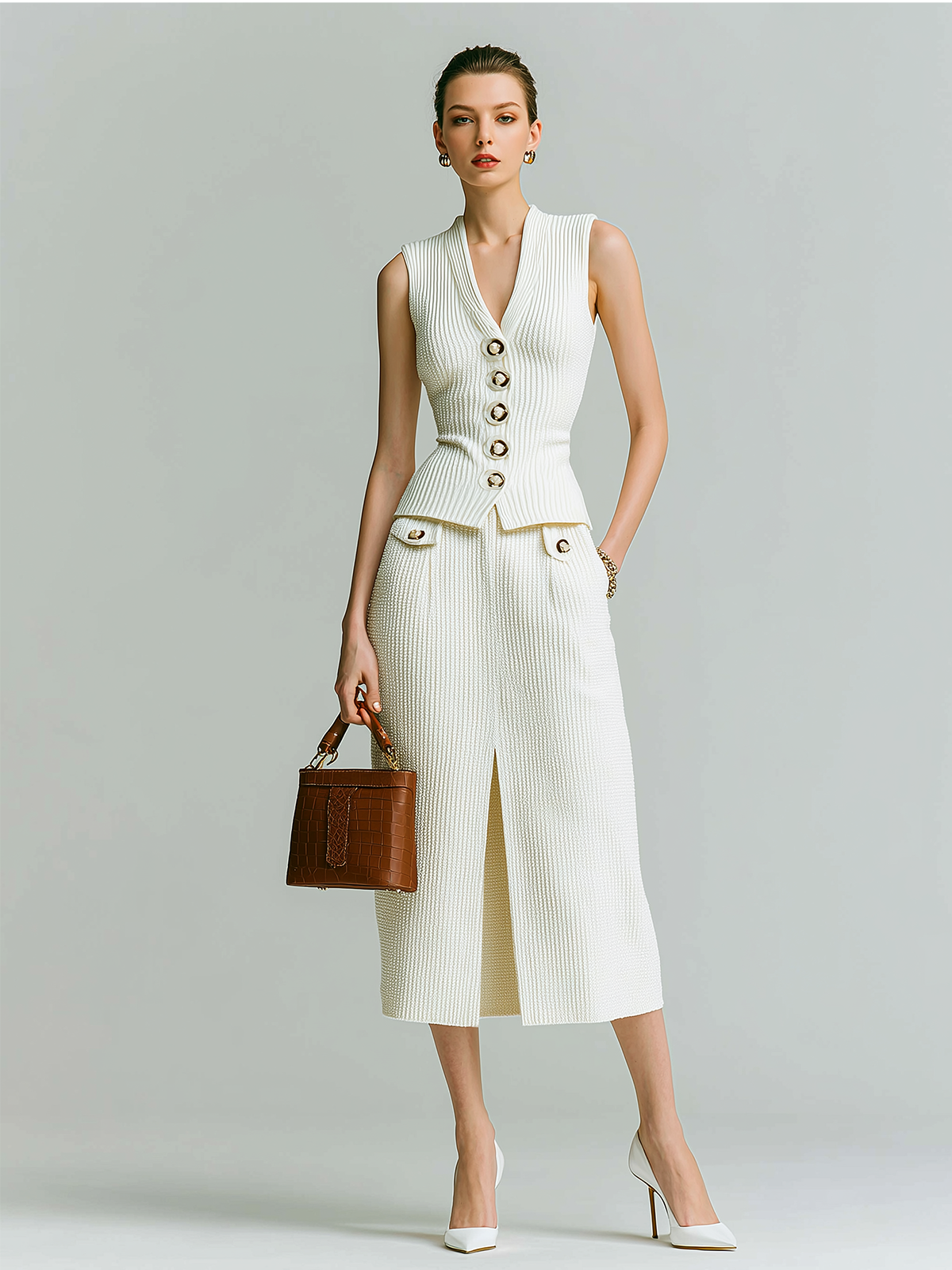 ElevenOra Stylish  Elegant Beige Deep V-neck Button-up Slim-fit Ribbed Vest Paired With A Front-slit Knit Midi Dress Two-piece Set