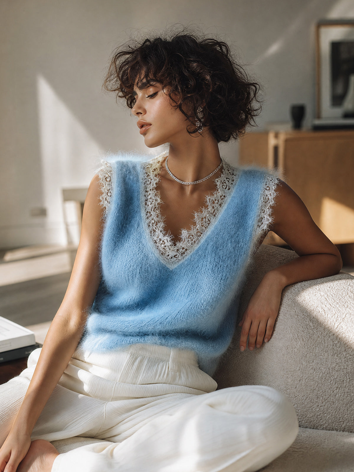 ElevenOra Chic Vintage Blue V-Neck Lace Trim Details Sleeveless Loose-Fit Fuzzy Knit Tank Top