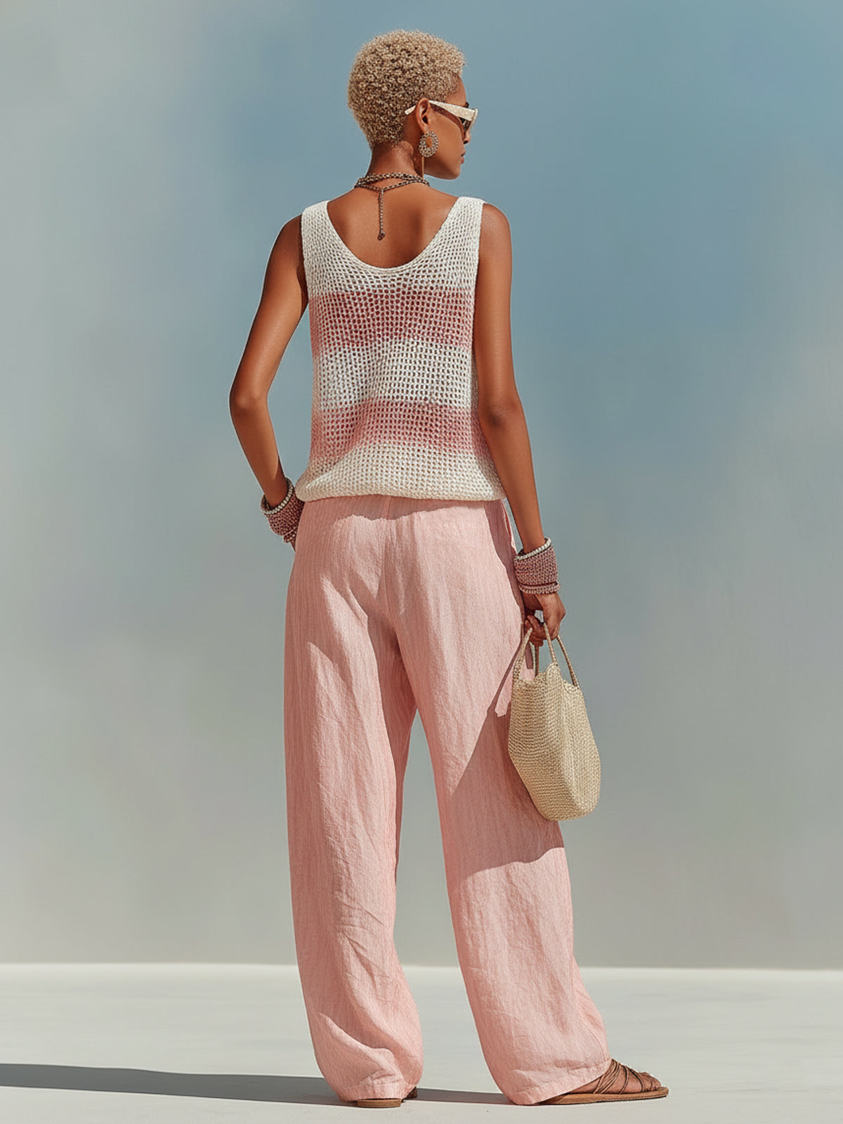 ElevenOra Chic Elegant Pink-White Stripes V-Neck Sleeveless Loose-Fit Knit Tank Top Pink Satin Pants Two-Piece Set