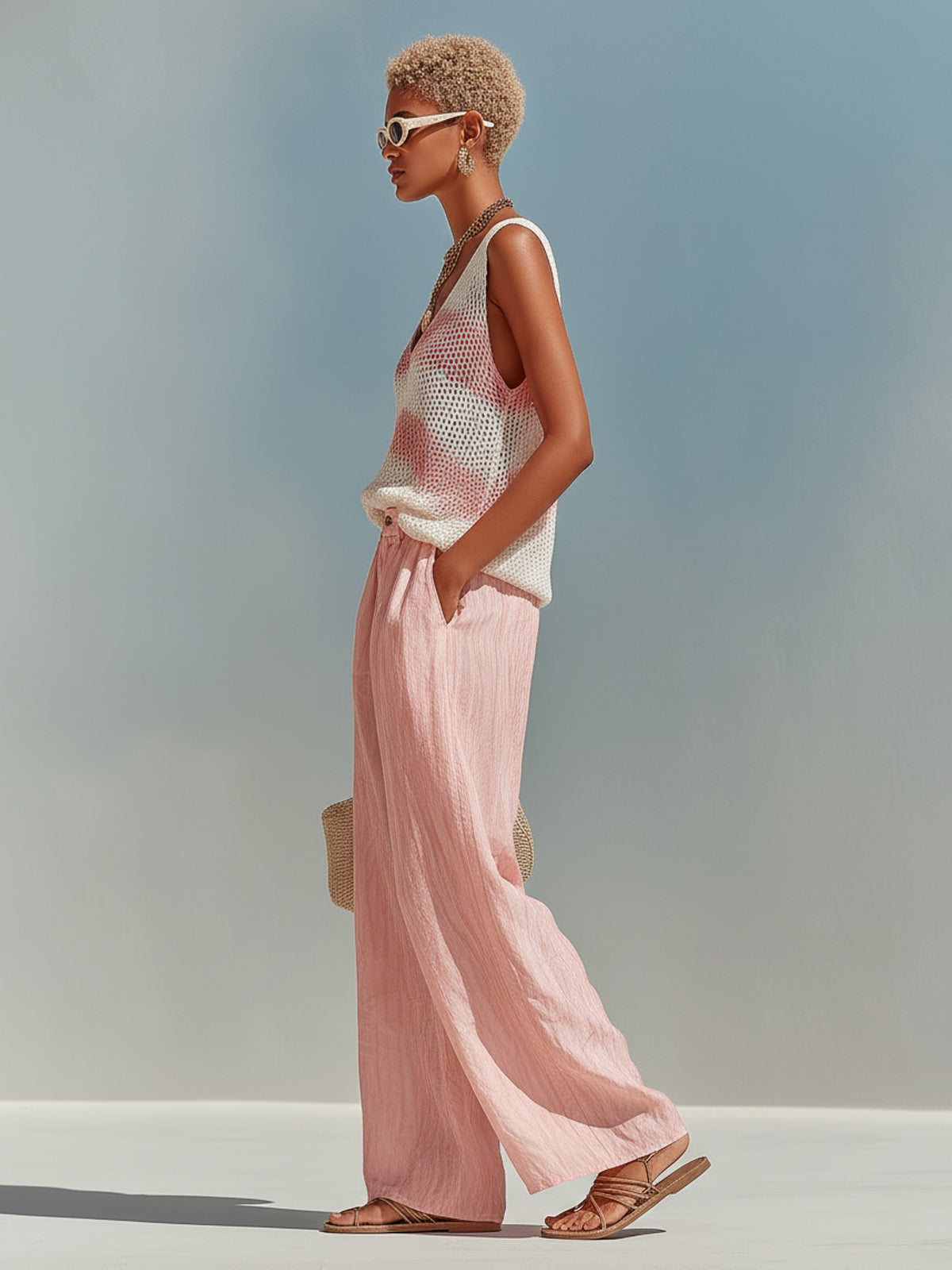 ElevenOra Chic Elegant Pink-White Stripes V-Neck Sleeveless Loose-Fit Knit Tank Top Pink Satin Pants Two-Piece Set