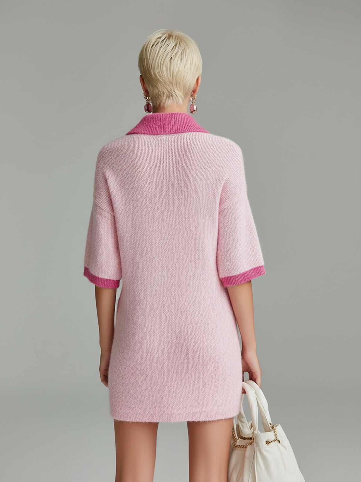 ElevenOra Chic Elegant Pink Colorblock Lapel V-Neck Short-Sleeve Patch Pockets Loose-Fit Knit Mini Dress