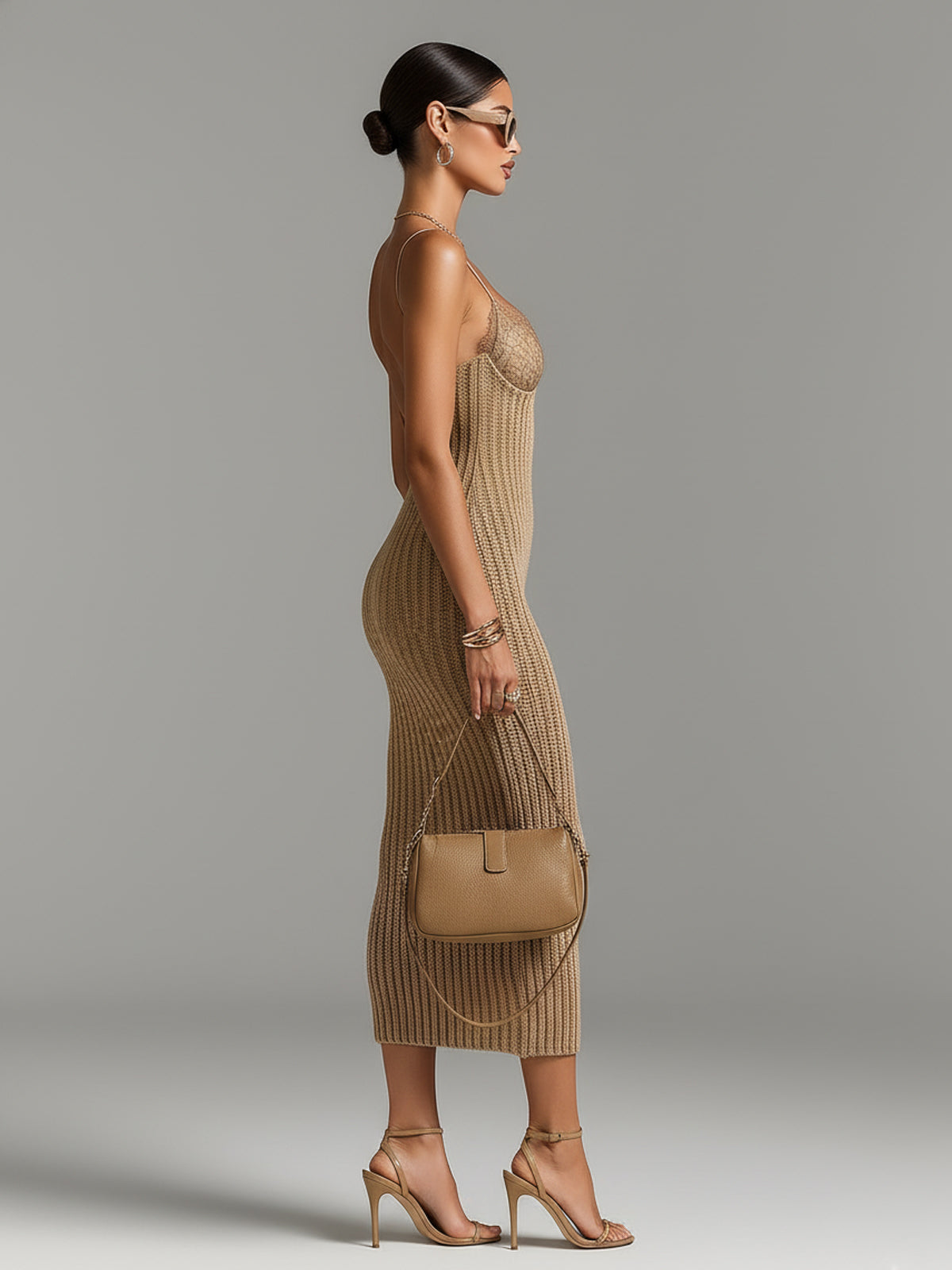 ElevenOra Chic Elegant Camel V-Neck Spaghetti Straps Sleeveless Lace Patch Slim-Fit Detail Ribbed Knit Bodycon Midi Dress