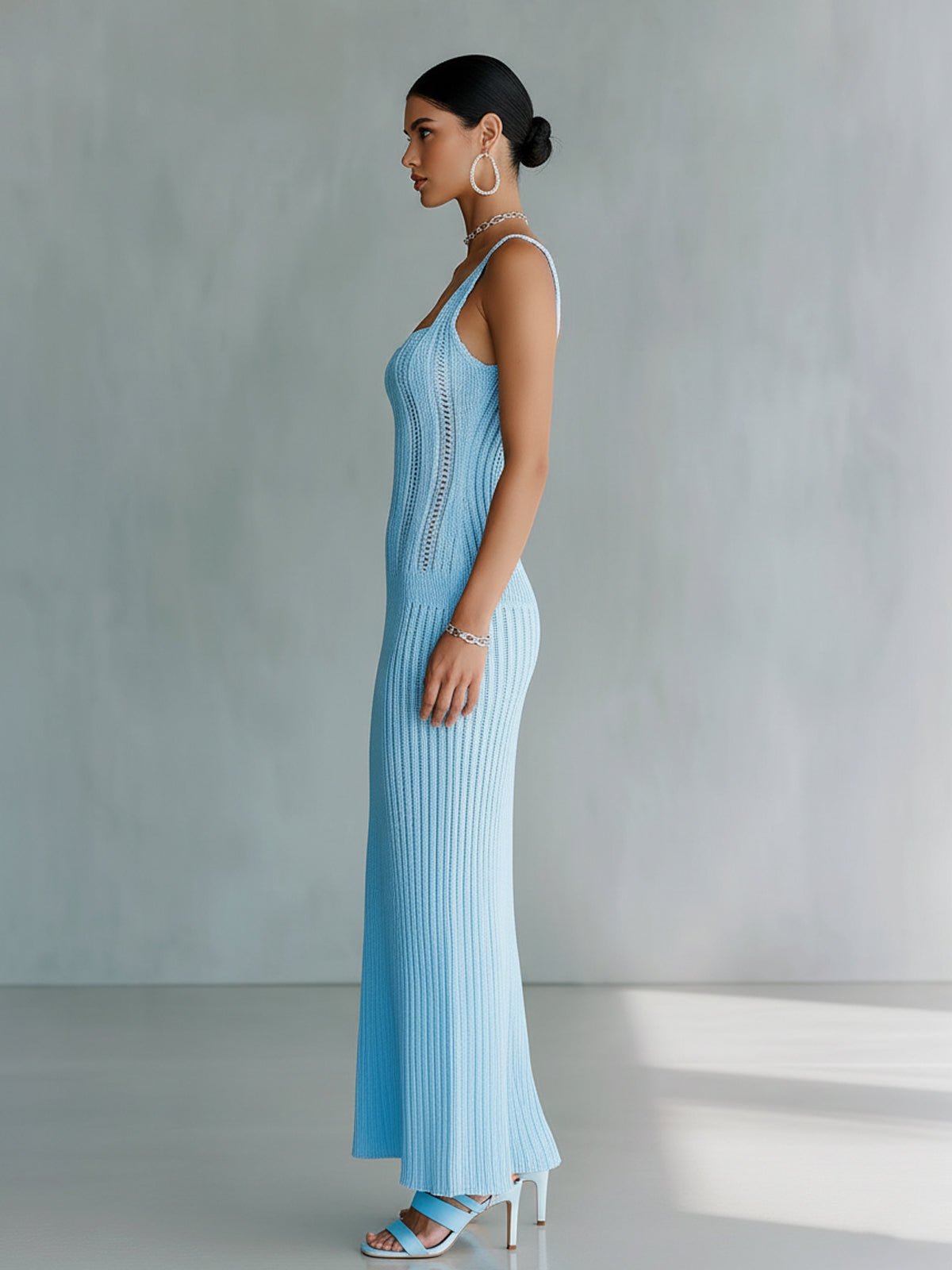 ElevenOra Chic Elegant Blue Square Neck Sleeveless Slim-Fit Hollow Ribbed Knit Holiday Maxi Dress