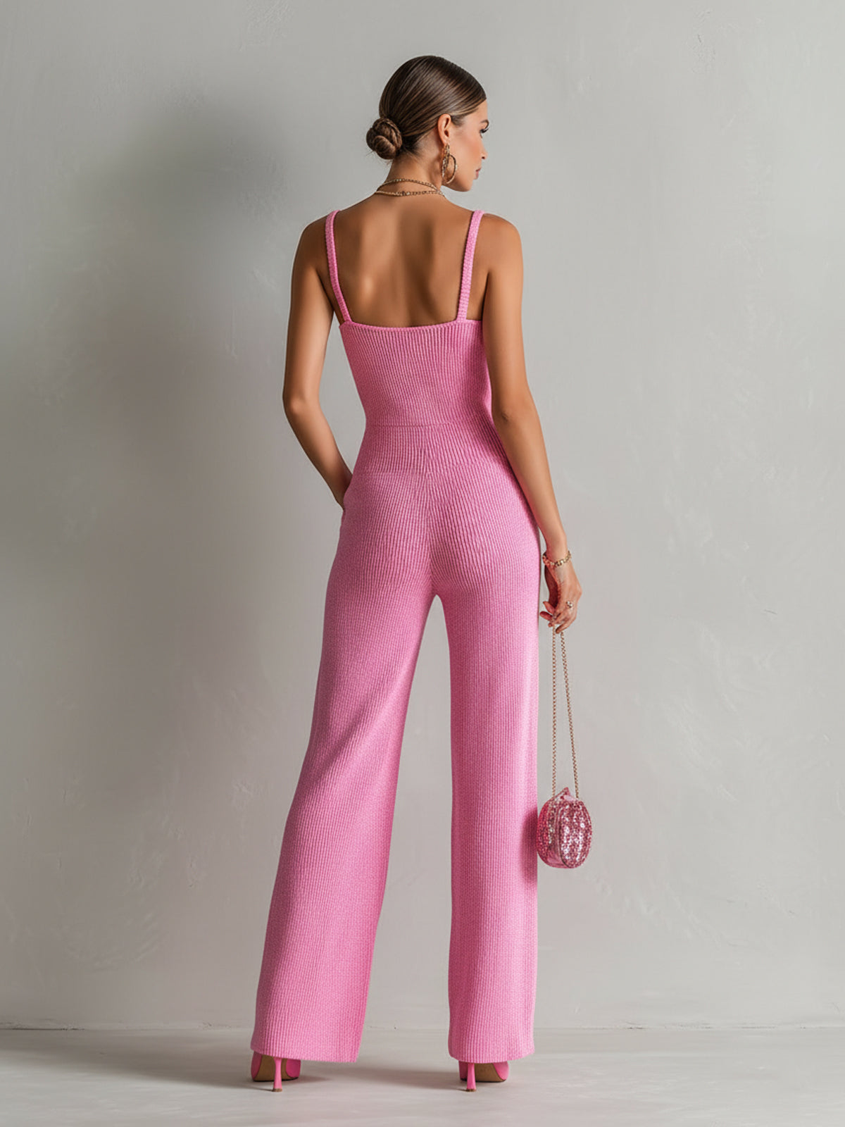 ElevenOra Chic Elegant Hot Pink Square-Neck Sleeveless Gold Button Details Slim-Fit Wide-Leg Ribbed Knit Jumpsuit