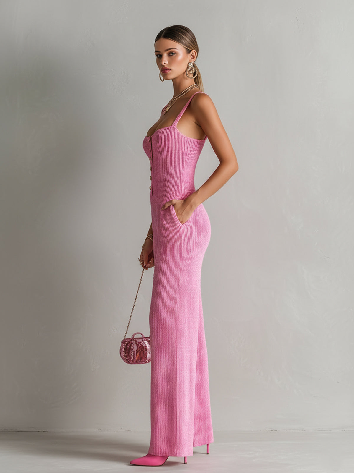 ElevenOra Chic Elegant Hot Pink Square-Neck Sleeveless Gold Button Details Slim-Fit Wide-Leg Ribbed Knit Jumpsuit