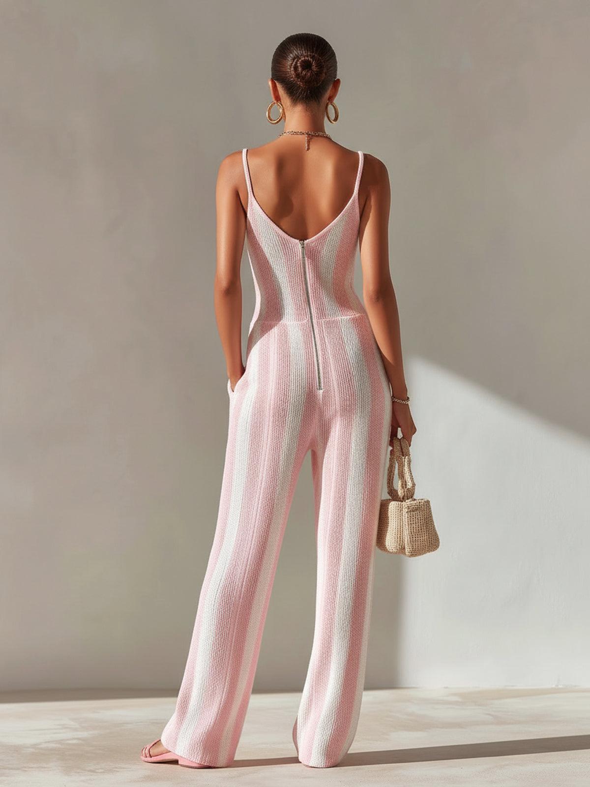 ElevenOra Chic Elegant Pink-White Stripes V-Neck Sleeveless Tailored-Waist Wide-Leg Knit Jumpsuit