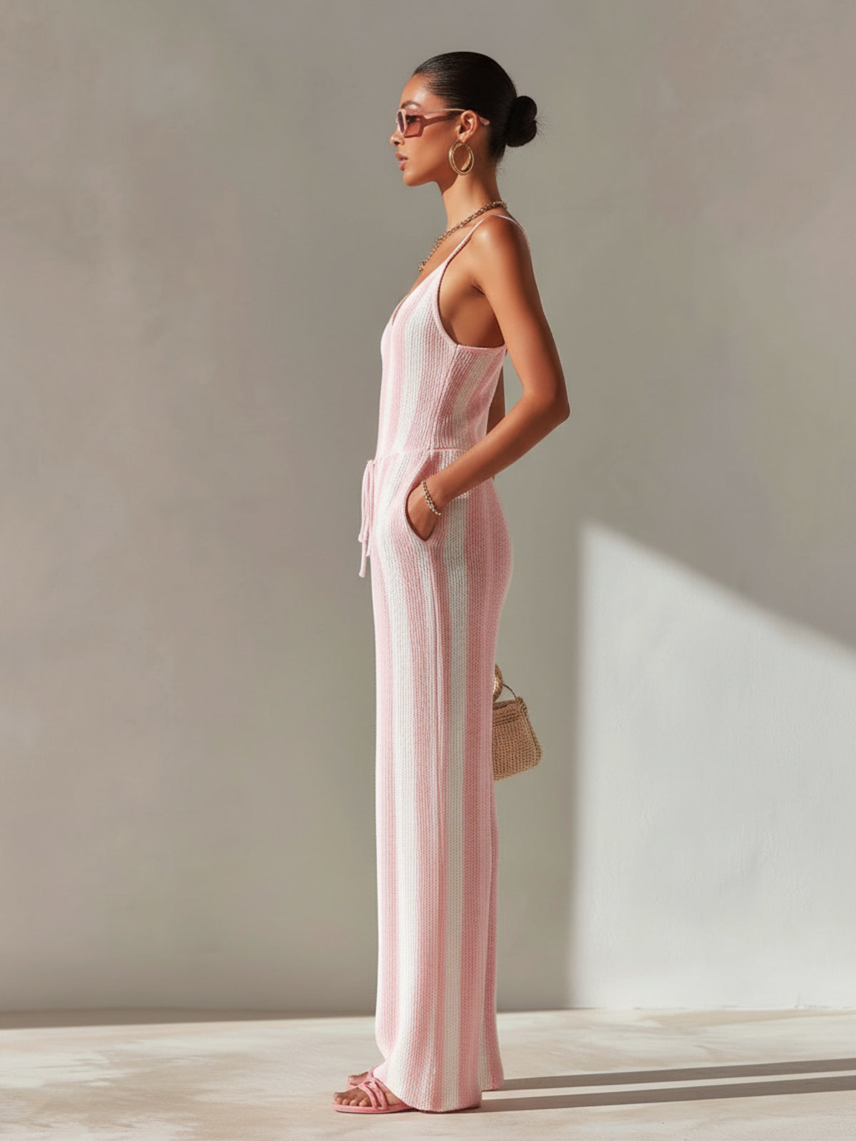ElevenOra Chic Elegant Pink-White Stripes V-Neck Sleeveless Tailored-Waist Wide-Leg Knit Jumpsuit