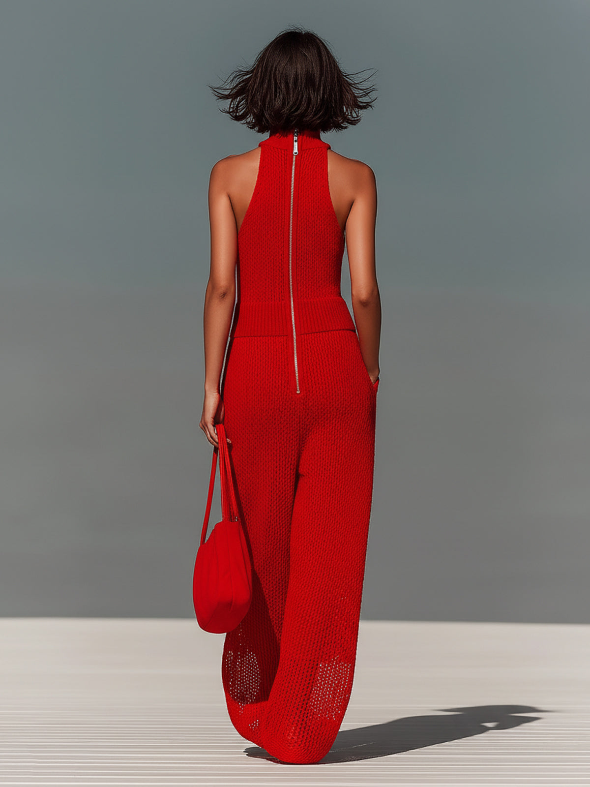 ElevenOra Chic Elegant Red Mock Neck Sleeveless Loose-Fit Wide Leg Mesh Knit Jumpsuit