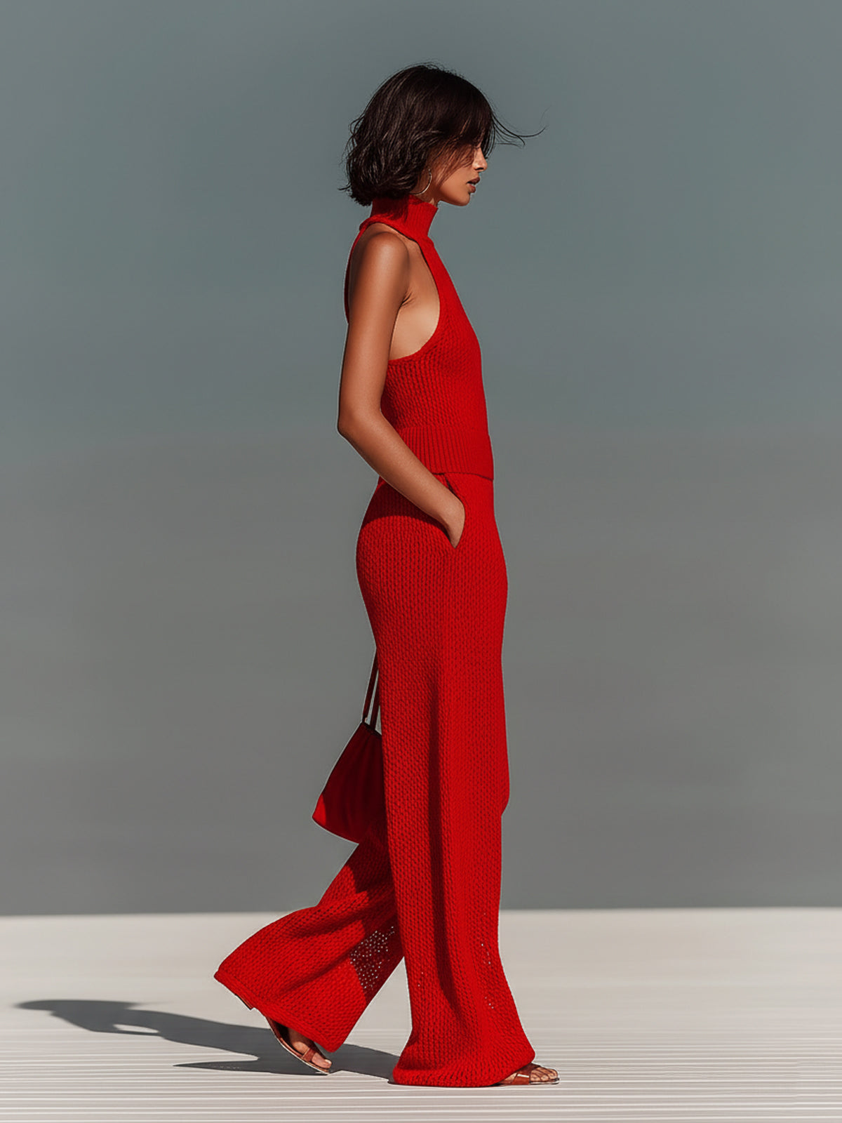 ElevenOra Chic Elegant Red Mock Neck Sleeveless Loose-Fit Wide Leg Mesh Knit Jumpsuit