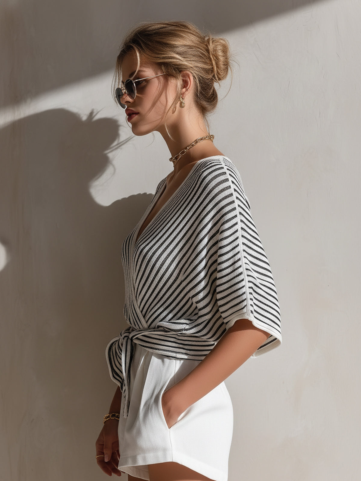 ElevenOra Chic Elegant Black-White Pinstripe Cross V-Neck Short-Sleeve Tie Waist Loose Fit Knit Sweater Top