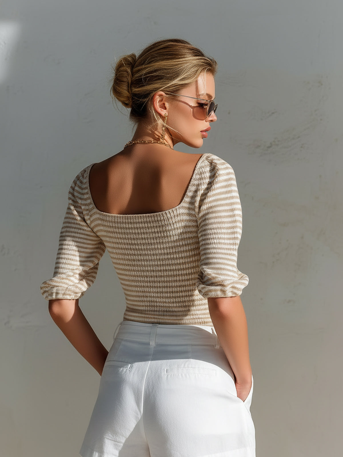 ElevenOra Chic Elegant Camel-White Stripes Square Neck Half-Sleeve Button-Front Slim-Fit Knit Sweater Top