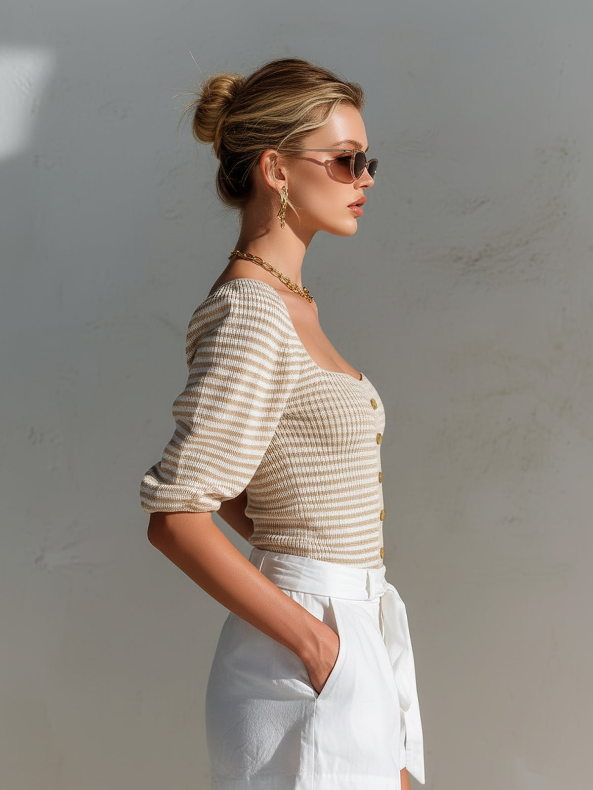 ElevenOra Chic Elegant Camel-White Stripes Square Neck Half-Sleeve Button-Front Slim-Fit Knit Sweater Top