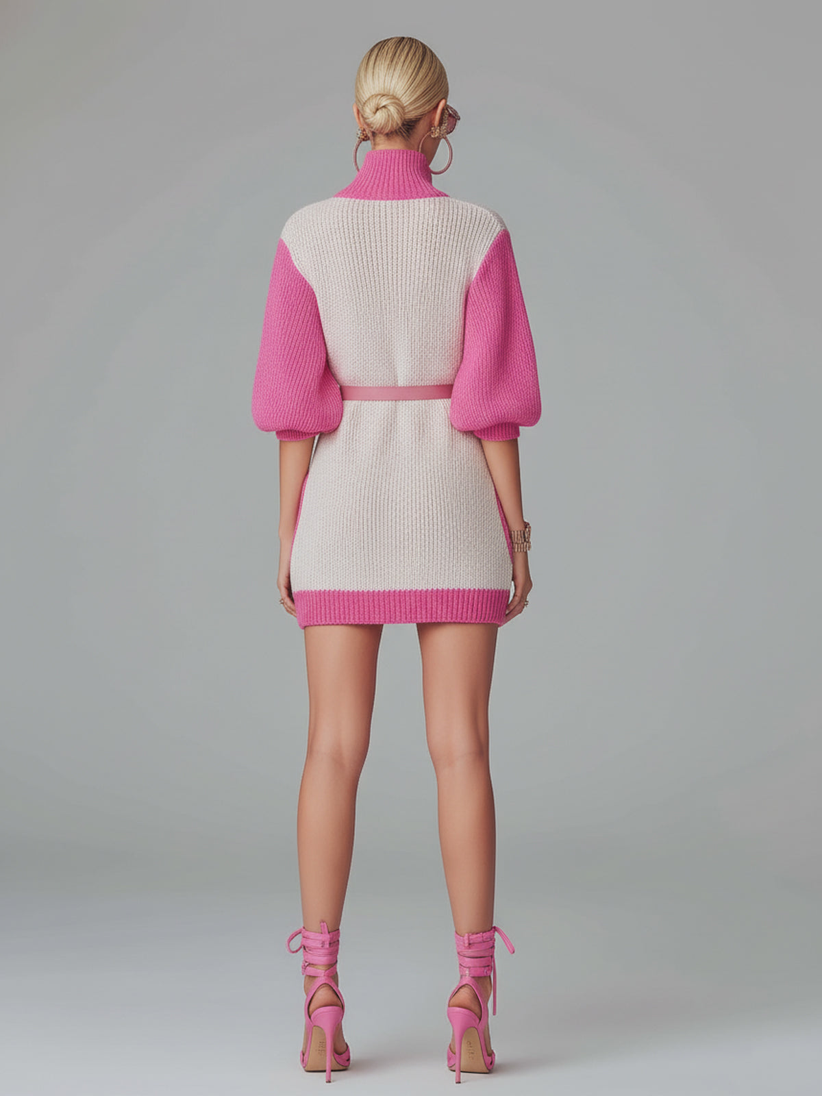 ElevenOra Chic Elegant Pink Colorblock Stand Collar V-Neck Short-Lantern-Sleeve Belted Loose-Fit Patch Pockets Knit Mini Dress