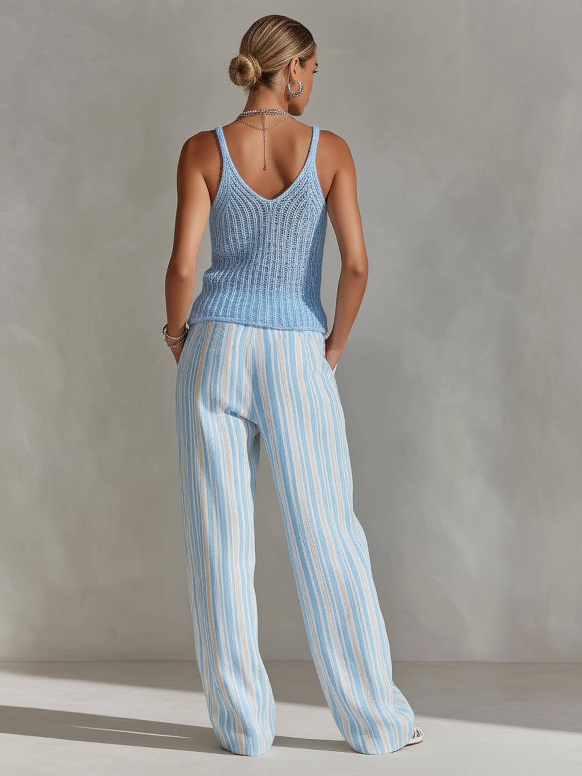 ElevenOra Chic Elegant Blue V-Neck Sleeveless Loose-Fit Knit Camisole Striped Wide-Leg Pants Two-Piece Set