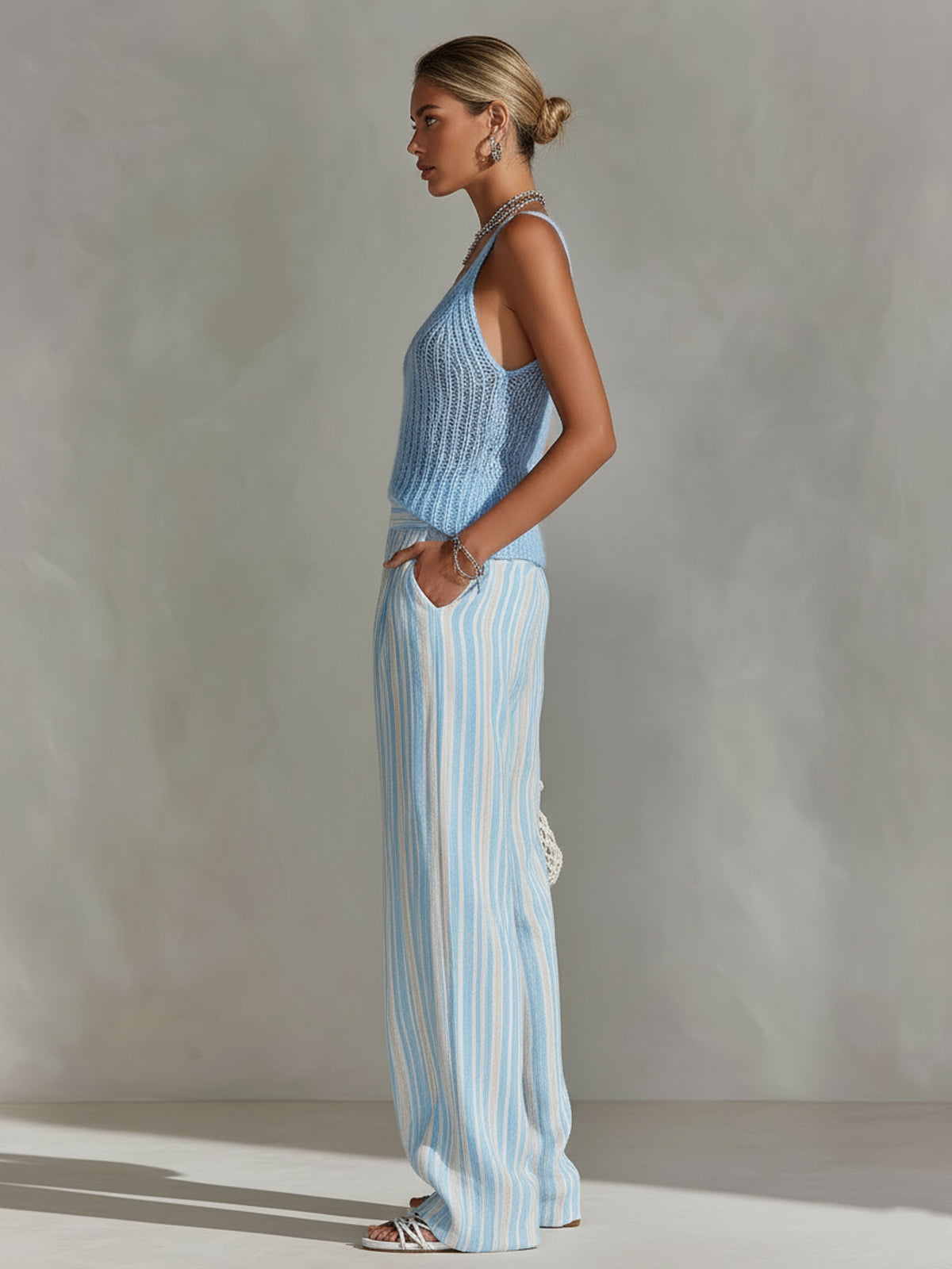 ElevenOra Chic Elegant Blue V-Neck Sleeveless Loose-Fit Knit Camisole Striped Wide-Leg Pants Two-Piece Set