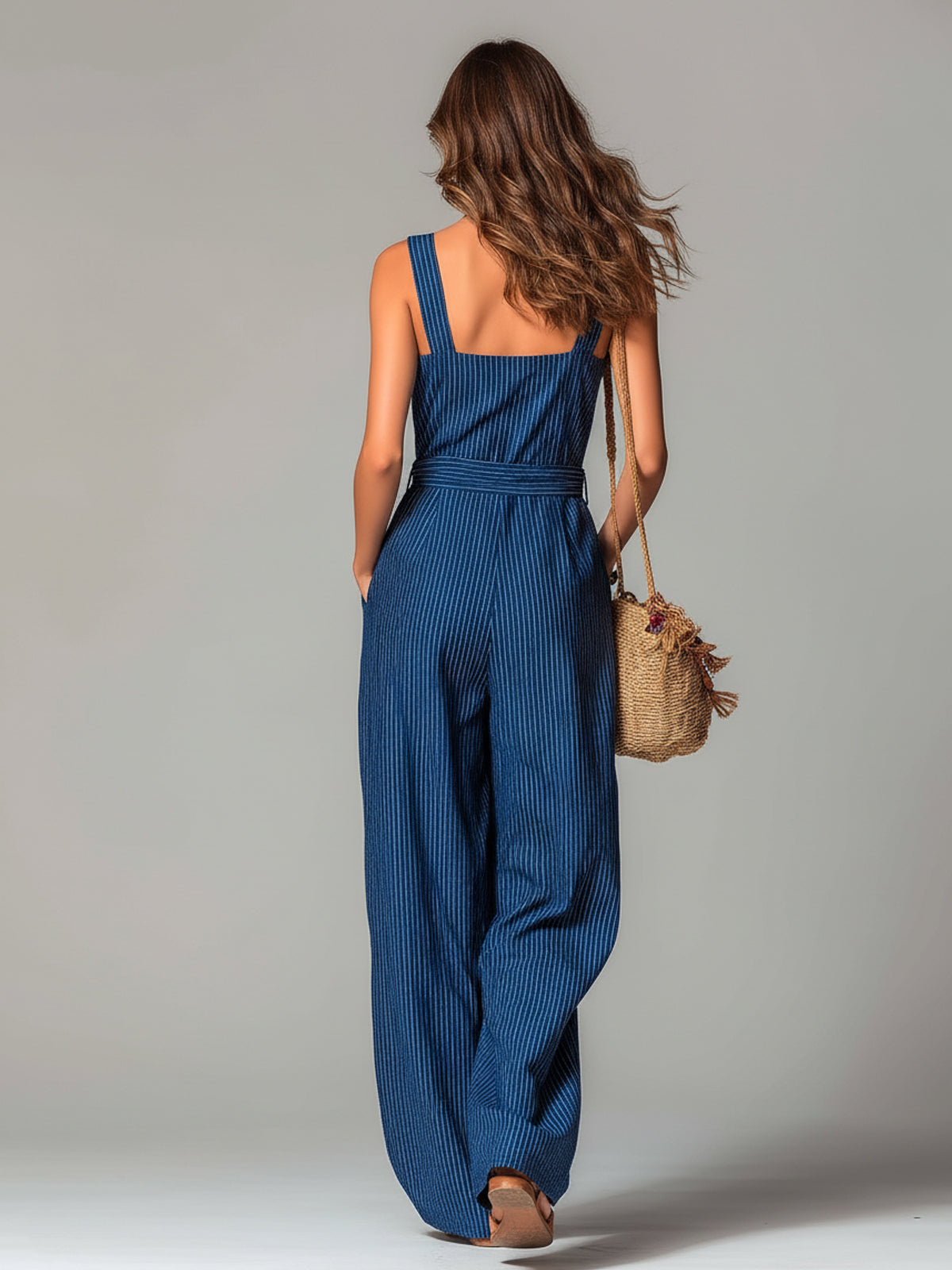 ElevenOra Chic Casual Navy Stripes Cotton Linen Blend Strappy Square Neck Sleeveless Belted Loose-Fit Jumpsuit