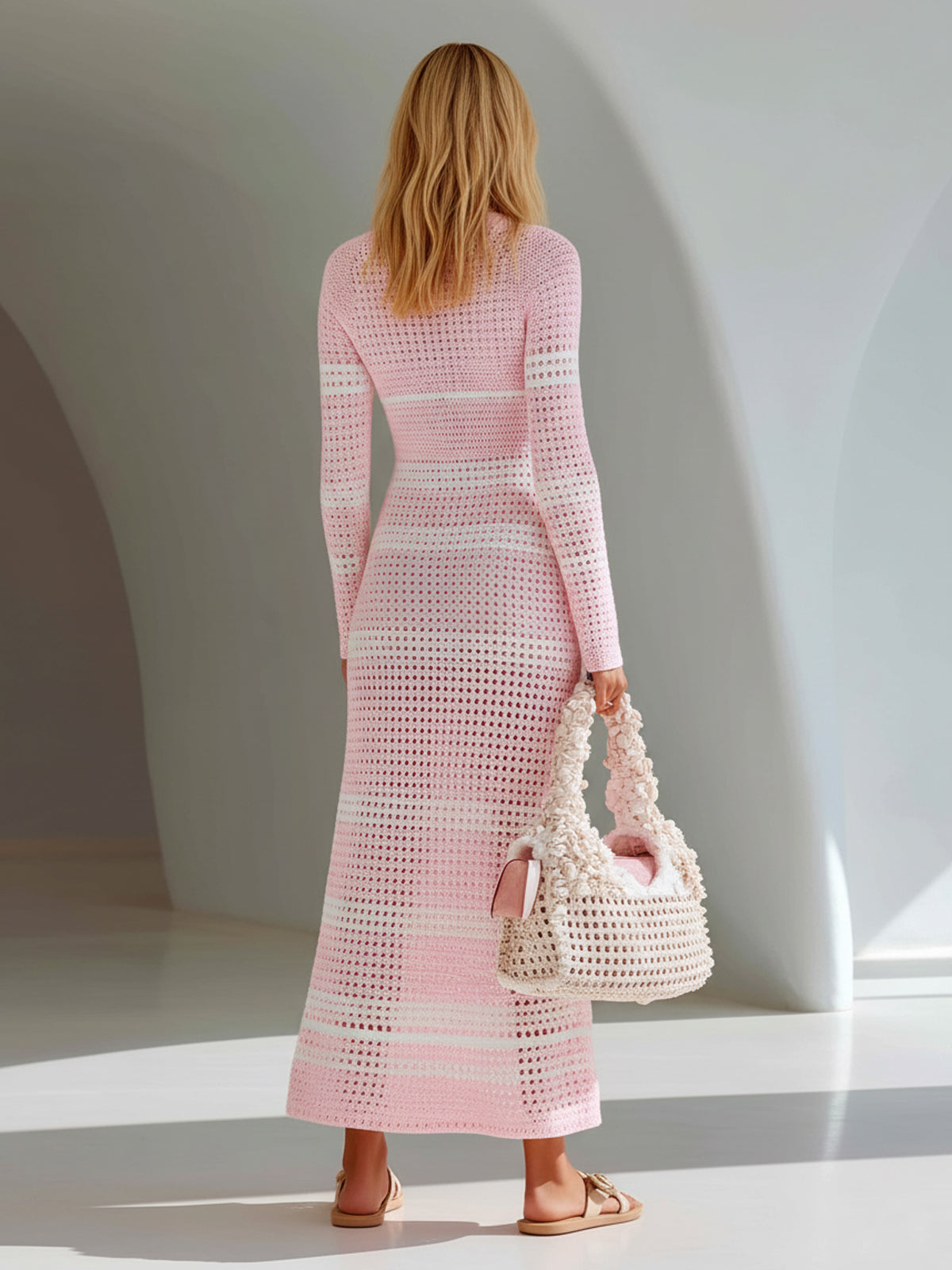 ElevenOra Chic Elegant Pink-White Stripes Round-Neck Long-Sleeve Tailored Waist A-Line Mesh Knit Holiday Maxi Dress