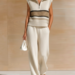 ElevenOra Chic Casual White Colorblock Lapel-Collar Zip-Front Sleeveless Loose Vest Wide-Leg Pants Knit Two-Piece Set