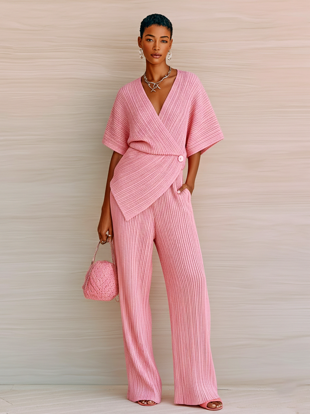 ElevenOra Stylish Elegant Pink V-Neck Short-Sleeve Loose Sweater Wide-Leg Pants Knit Two-Piece Set