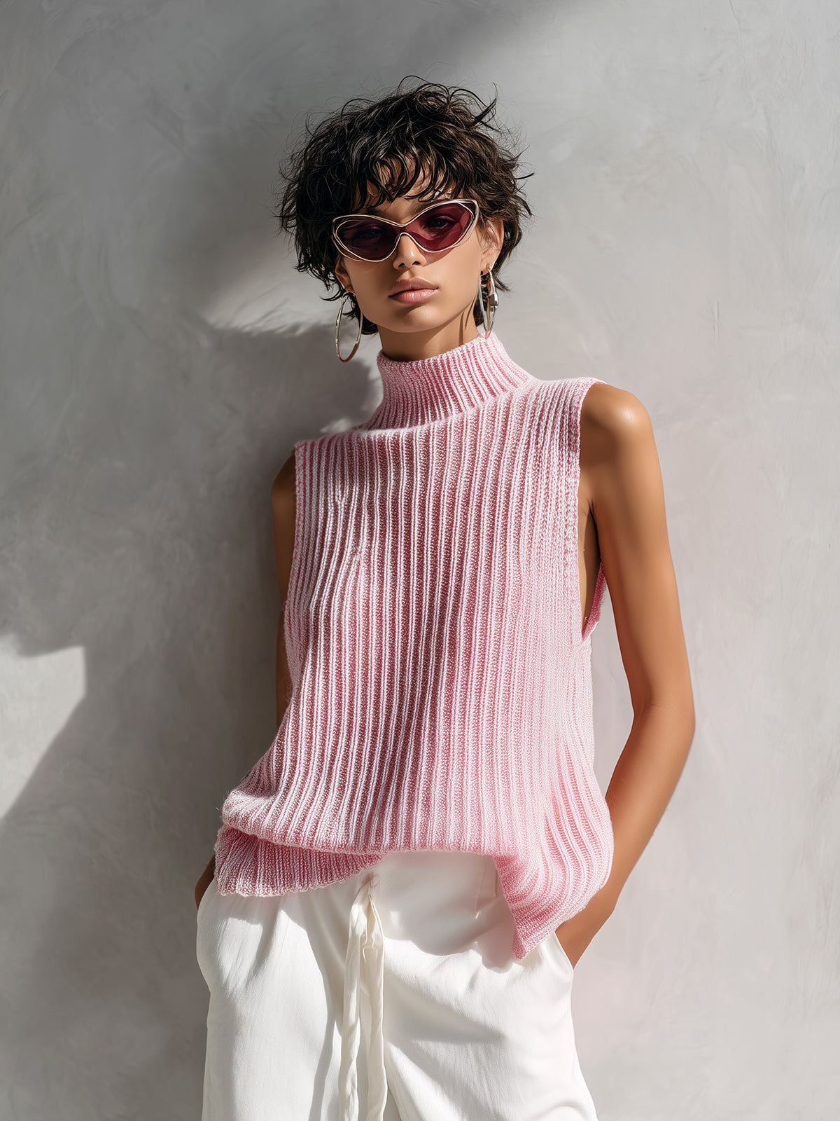 ElevenOra Chic Elegant Pink Mock Neck Sleeveless Loose-Fit Ribbed Knit Vest Top