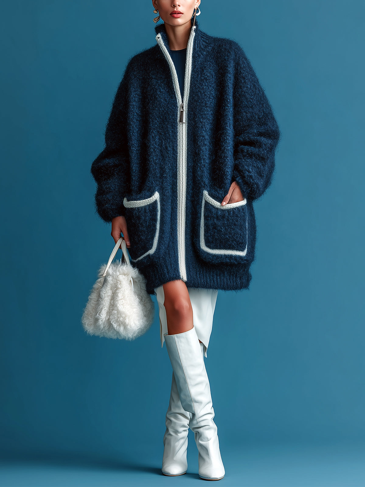 ElevenOra Chic Casual Navy Stand Collar Zipper-Front Patch Pocket Long-Sleeve Oversized Knit Cardigan