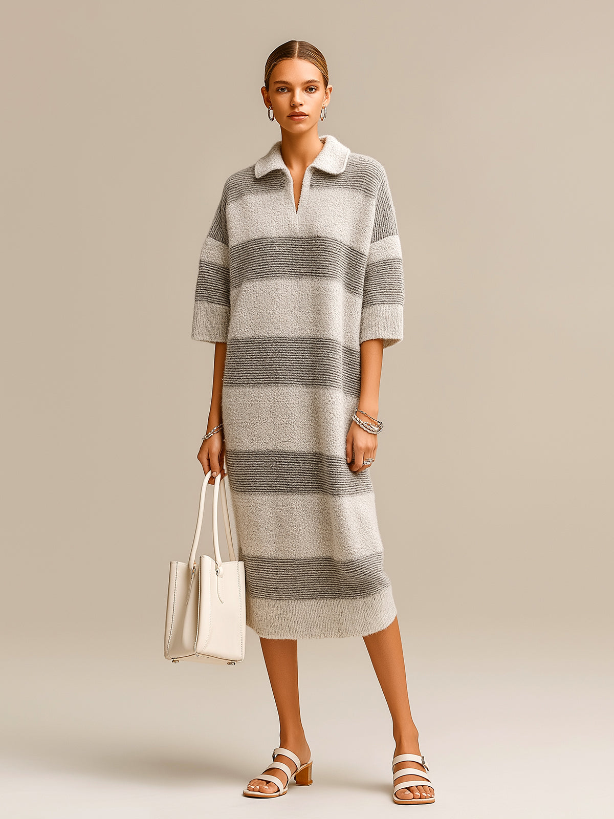ElevenOra Chic Casual Gray Colorblock Stripes Lapel V-Neck Short-Sleeve Oversize Knit Midi Dress